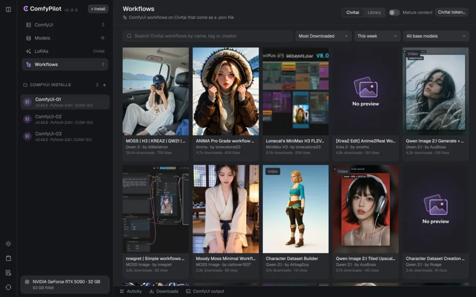 Browsing ComfyUI workflows shared on Civitai