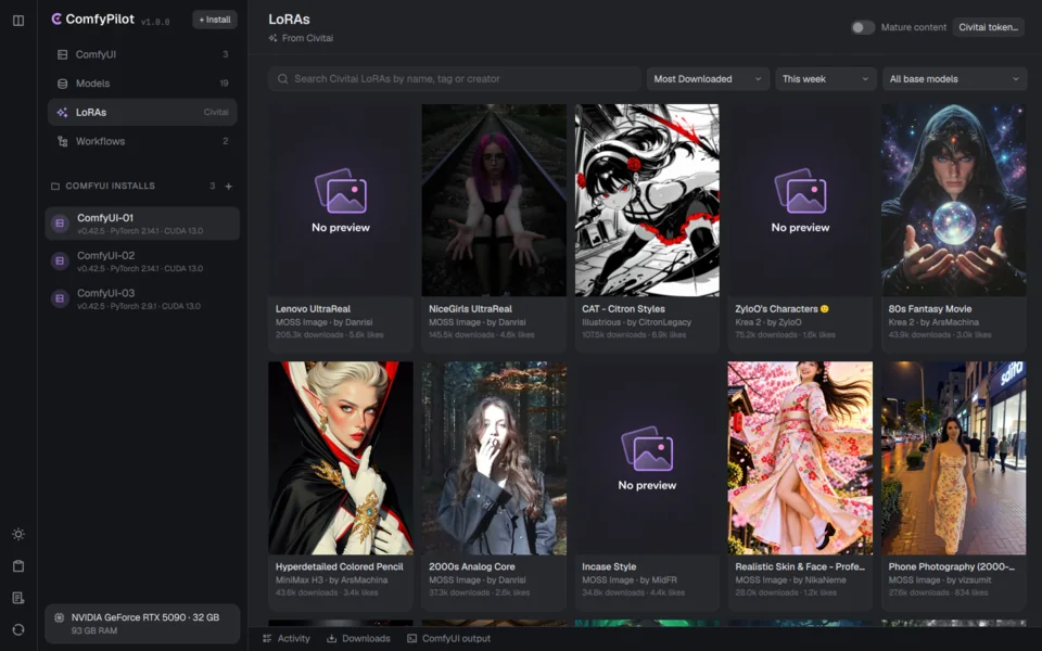 Browsing Civitai LoRAs in a grid with previews